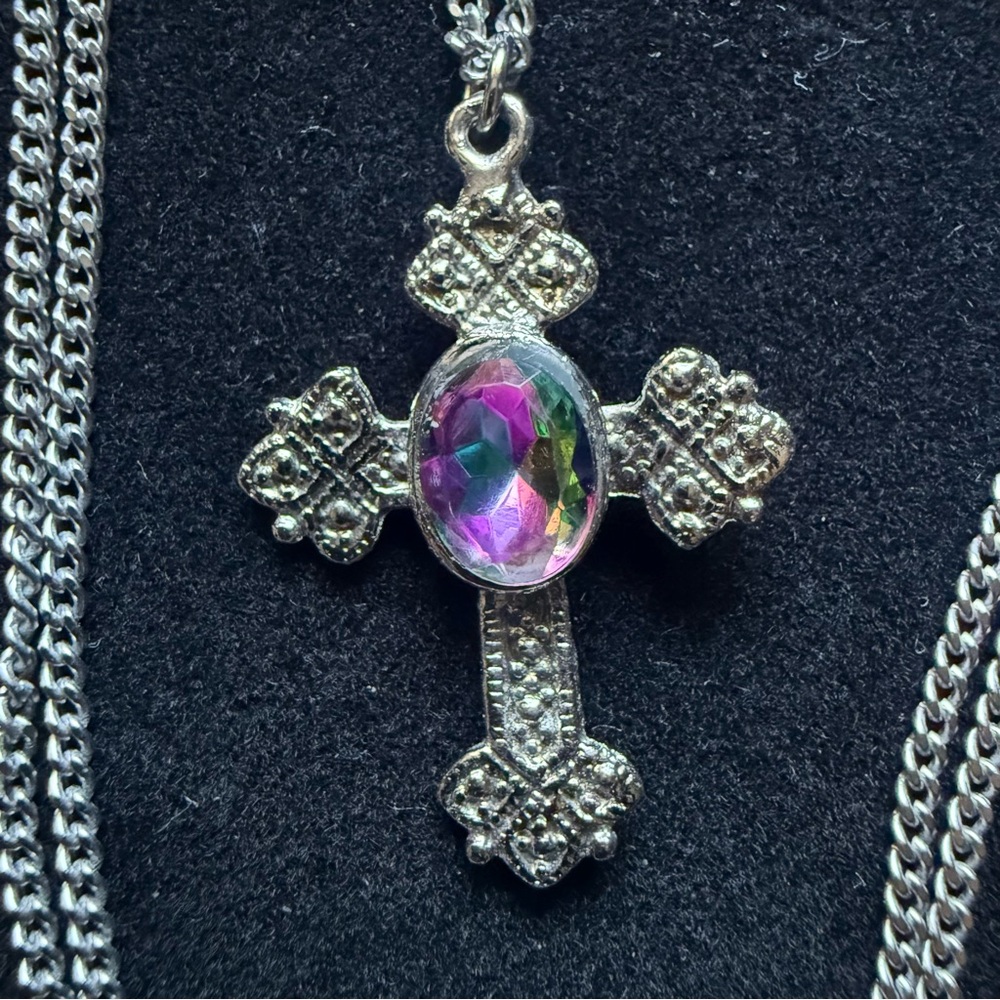 Vintage Celtic Style Mystic Quartz Gem Cross Necklace